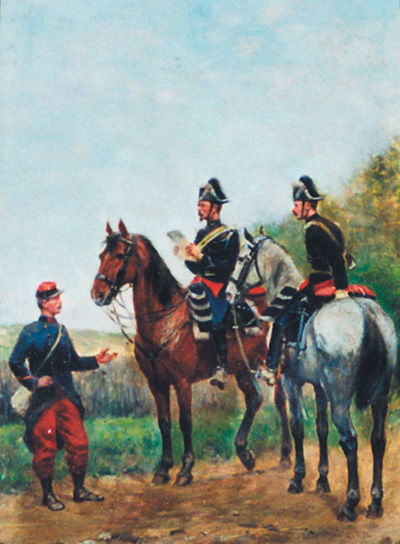 Gendarme à cheval contrôlant un soldat (1890)