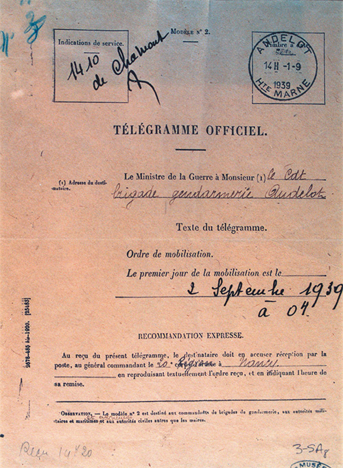 Télégramme de mobilisation de la brigade d'Andelot (1939)