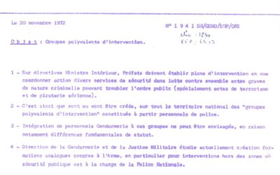 20 novembre 1972 : lancement d&rsquo;une réflexion sur la création de Groupes polyvalents d&rsquo;intervention au sein de la Gendarmerie (GSIGN, GIGN, EPIGN, EPGM, GSPR)